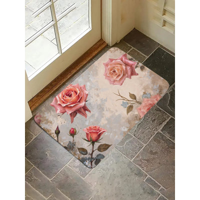Tapis pour salle de bain rétro avec peinture à l'huile rose, l 36 x L 24