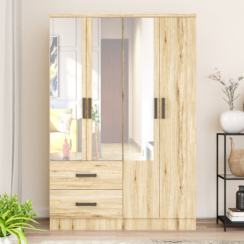 Armoire 4 portes avec 2 tiroirs et tablettes Apollonios, Chêne naturel