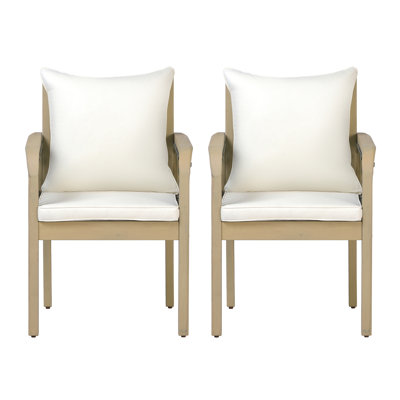 Chaises de patio d'extérieur en bois d'acacia avec accoudoirs en corde tissée (ensemble de 2), coussins résistants aux intempéries, teck clair + corde gris foncé + coussin beige crème
