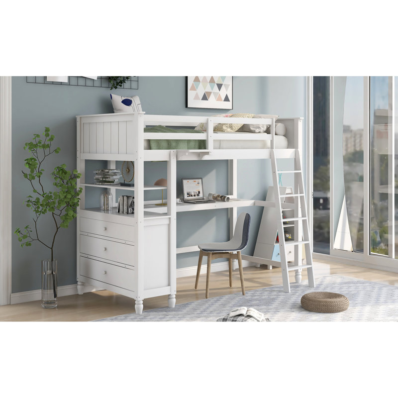 Lit mezzanine blanc simple avec tablette et tiroir - Organisez votre bureau en bois massif avec une solution peu encombrante