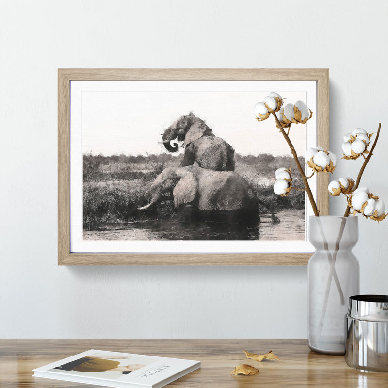 Two Elephants - Picture Frame Graphic Art Print, 62cm H x 87cm W x 2cm D, Oak Framed