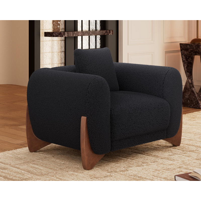 Modern Bouclé Armchair with Tilted Wooden Legs, Black