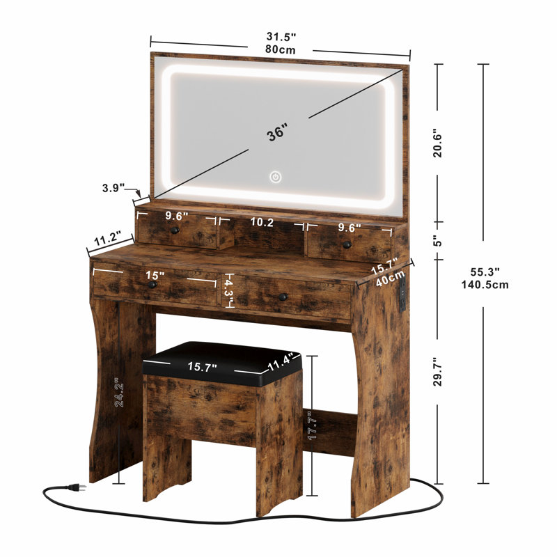 Baelyn Vanity Makeup Set, Vanities Desk with Drawer and Lighted Mirror, Vintage Brown