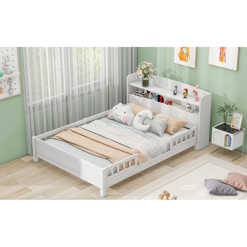 Lit plateforme en bois avec tête de lit et garde-corps avec rangement, Double, Blanc
