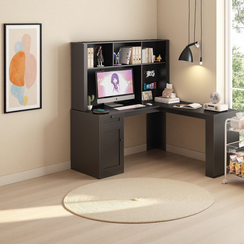 Bureau en L avec chargeur, bureau d'ordinateur avec tiroirs, bibliothèque, bureau d'angle moderne, bureau personnel, bureau d'écriture en L, bureau d'ordinateur en fibre de carbone avec rangement