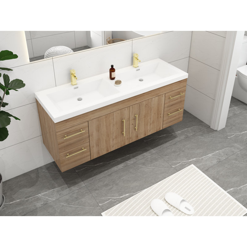 Meuble-lavabo mural double 59 po Romer, Naturel / chêne, Or