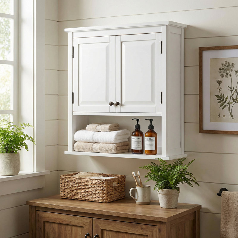 Dorset 27"W x 29"H Wall Mounted Bath Storage Cabinet with Two Doors and Open Shelf