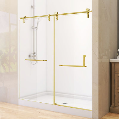 56" - 60" W X 76'' H Single Sliding Bypass Shower Door Modern Frameless Bathroom Door with Clear Tempered Glass&Reversible Installation