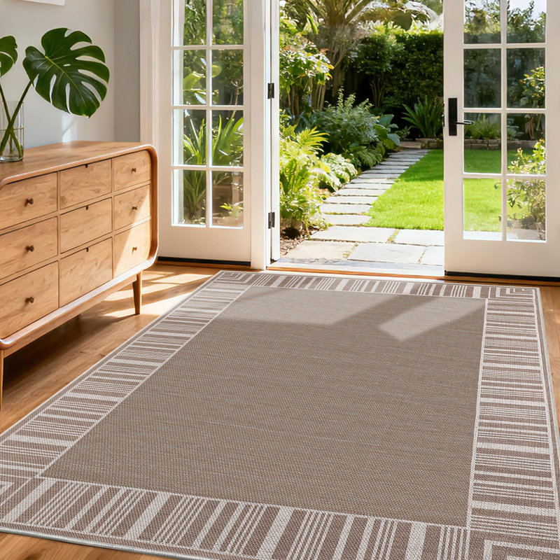 Outdoor Area Rug, Casual Design with Striped Border, Stain Resistant Durable Mat for Patio, Balcony, Bedroom, Living Room, Dining Room, Bathroom
