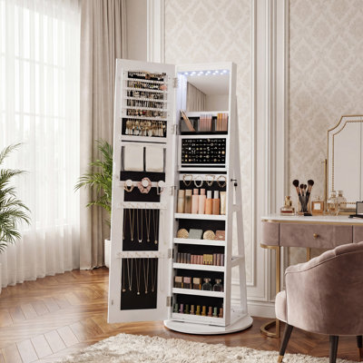 LED Mirror Jewelry Cabinet Standing, Lockable Jewelry Armoire with Full-Length Mirror and Adjustable LED Lights