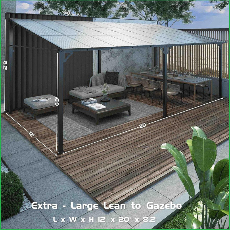 12' x 20' Lean to Gazebo, Hardtop Wall Pergola with Polycarbonate Roof, Aluminum Frame Mounted Gazebo for Lawn Patio Deck Yard and Party