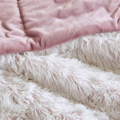 Ensemble de couette 3 pièces en fausse fourrure à poils longs rose/blanc, taille grand lit/queen