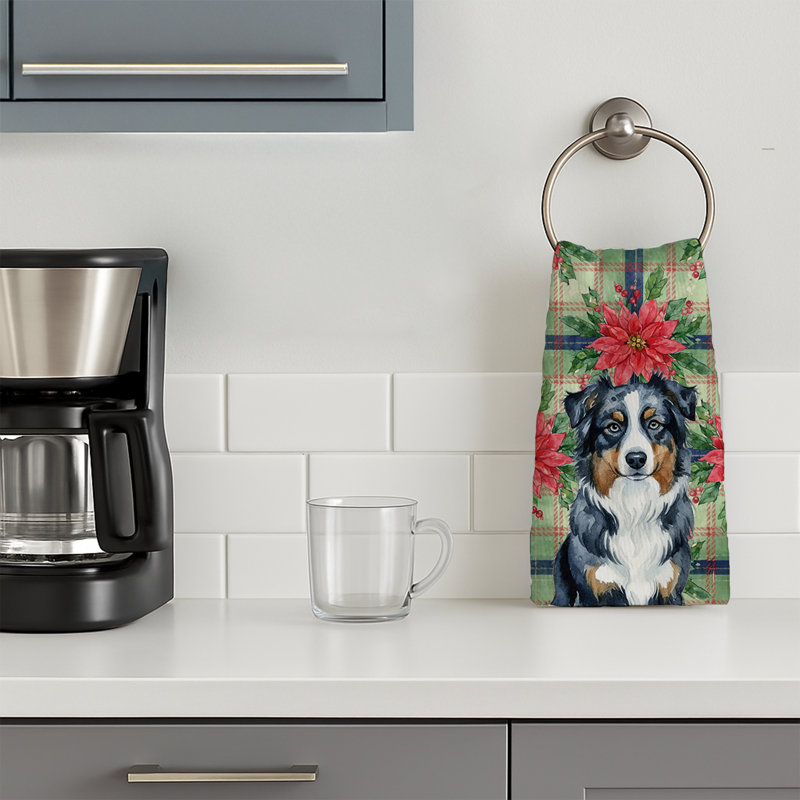 Black Australian Shepherd Christmas PoinsettIas Kitchen Towel, Black Australian Shepherd