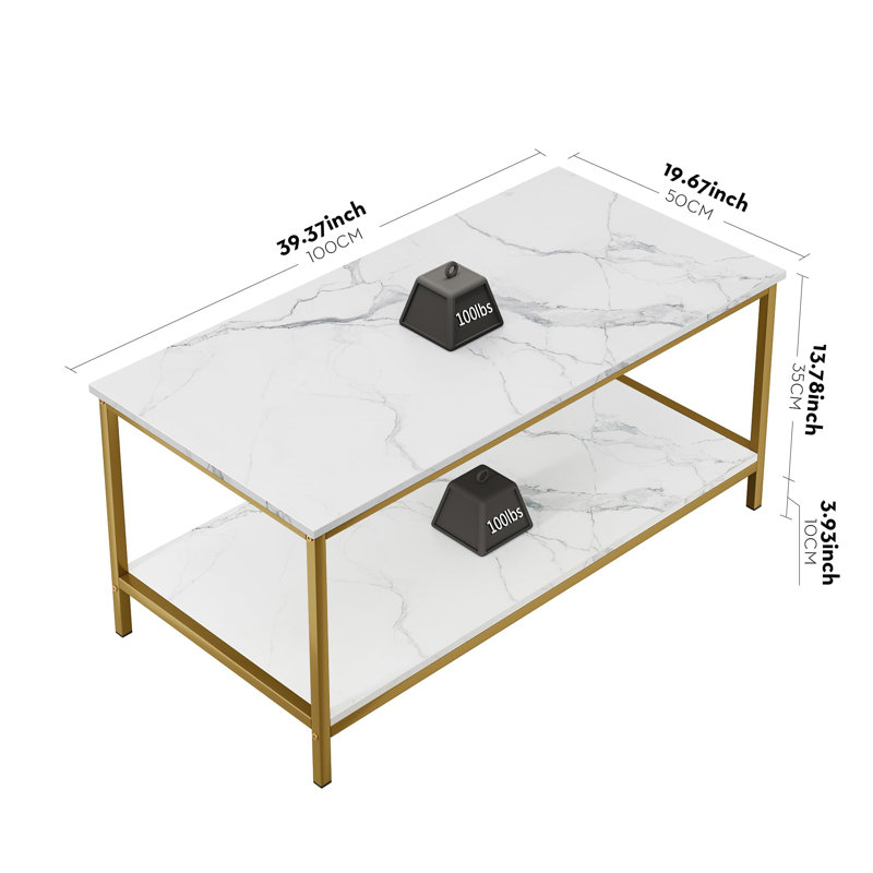 White Marble and Gold Rectangular 2-Tier Coffee Table