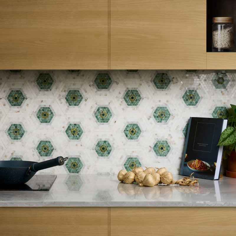 Ako 6" Hexagon Marble Micro Mosaic Tile, Verde Green