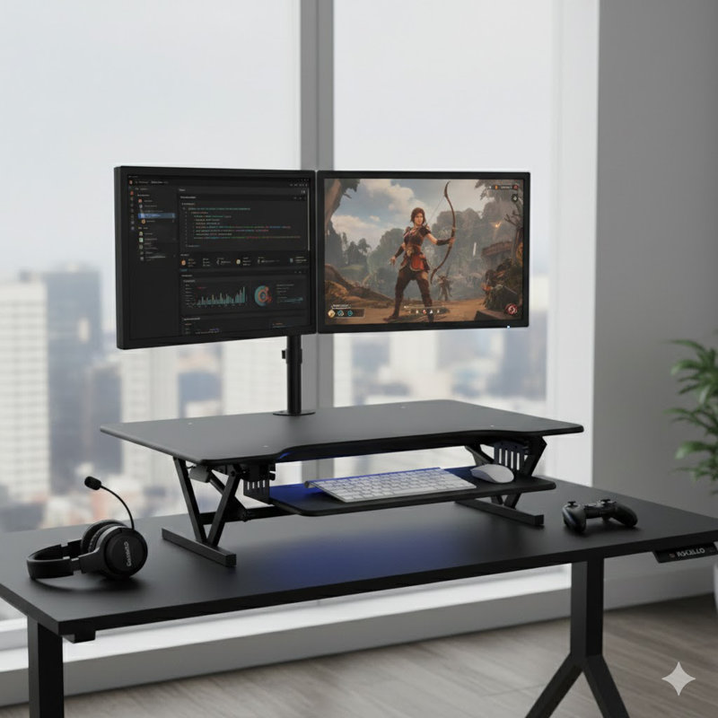  40 in. Black Height Adjustable Standing Desk Converter Dual Monitor Riser with Gas Spring Assist Mechanism, Black/Black