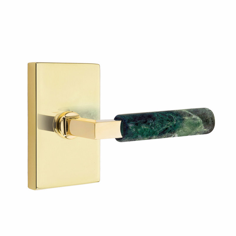 Ensemble de leviers de passage Emtek Select, moderne Rosette, tige carrée en L, poignée en marbre vert, l 5,875 po x L 5,875 po