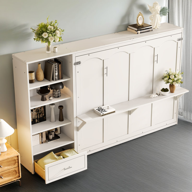 Lit escamotable convertible moderne avec rangement dissimulé pour les petits espaces, Blanc