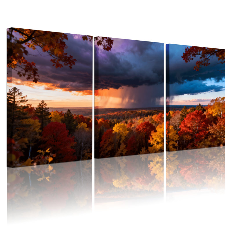Paysage et paysage urbain, forêt d'automne, coucher de soleil, ciel, arbre, paysage, ensemble de 3 impressions sur toile