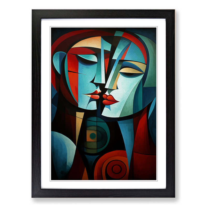 Lovers Cubism No.2 - Single Picture Frame Print on Wood, 64cm H x 46cm W x 2cm D, Black