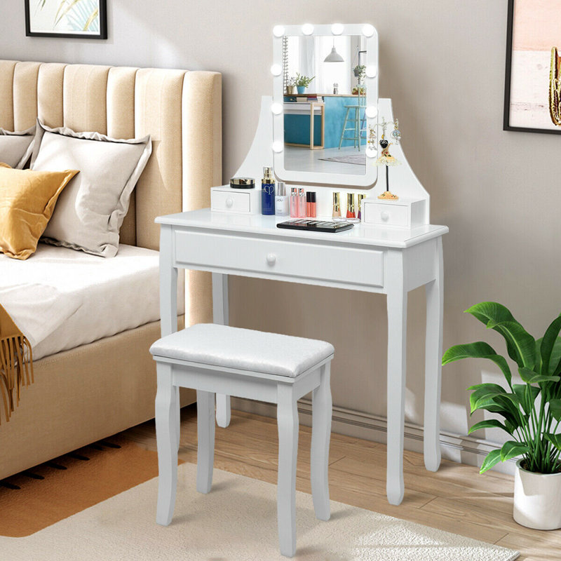 Ensemble de coiffeuse en bois massif avec tabouret et miroir Wegate, Blanc