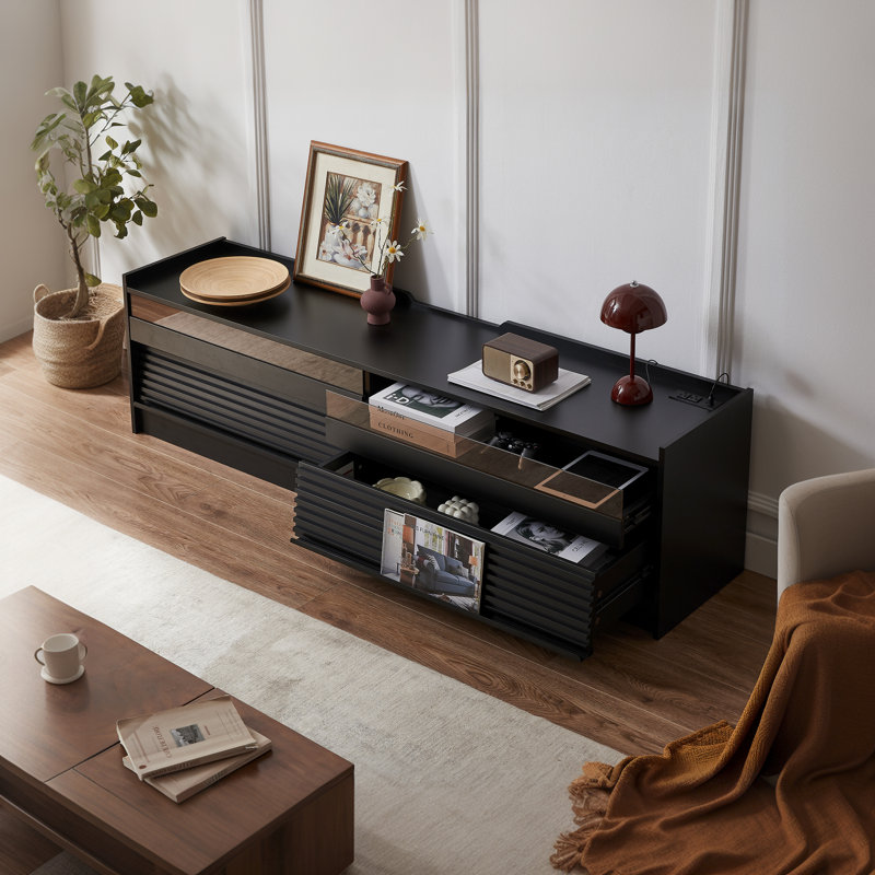 Modern TV Stand With Ample Storage,4 Drawer Design With Tempered Glass ,Built-In Charging Ports And Ambient LED Lighting