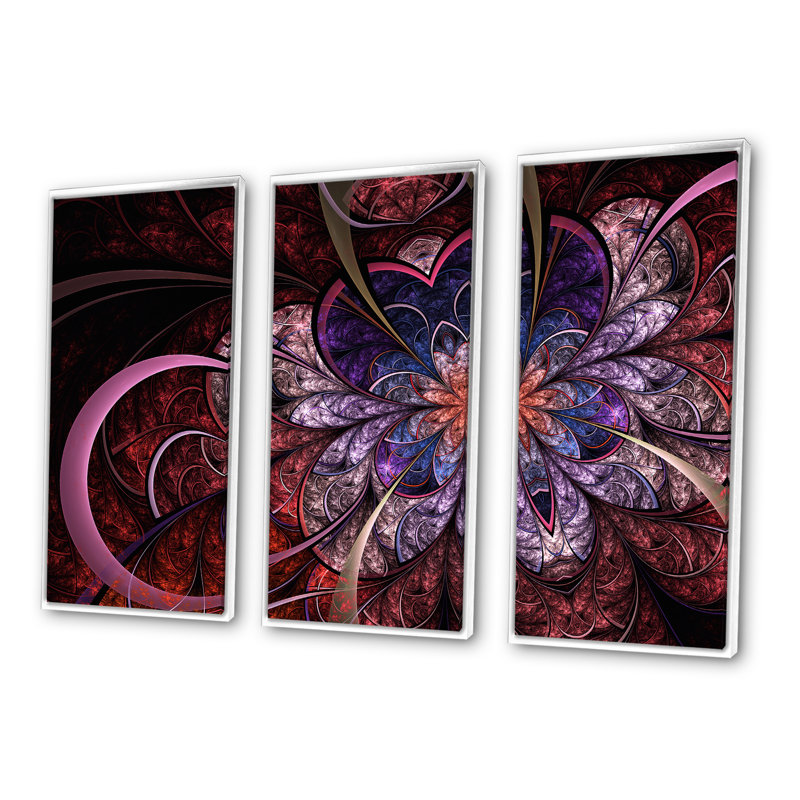 Cœur en forme de fleur fractale - ensemble d'art mural moderne sur toile 3, H 32 po x l 48 po x P 1 po, Blanc