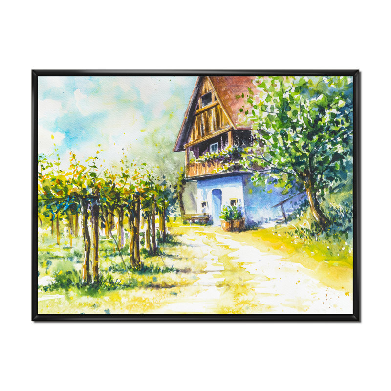 Maison près du vignoble - Peinture sur toile, H 31 po x l 41 po, Cadre noir