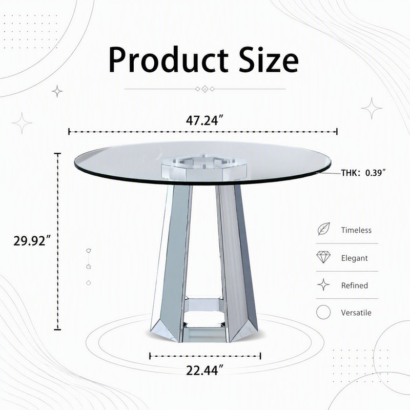 Table de salle à manger moderne en verre trempé minimaliste avec base ronde et miroir