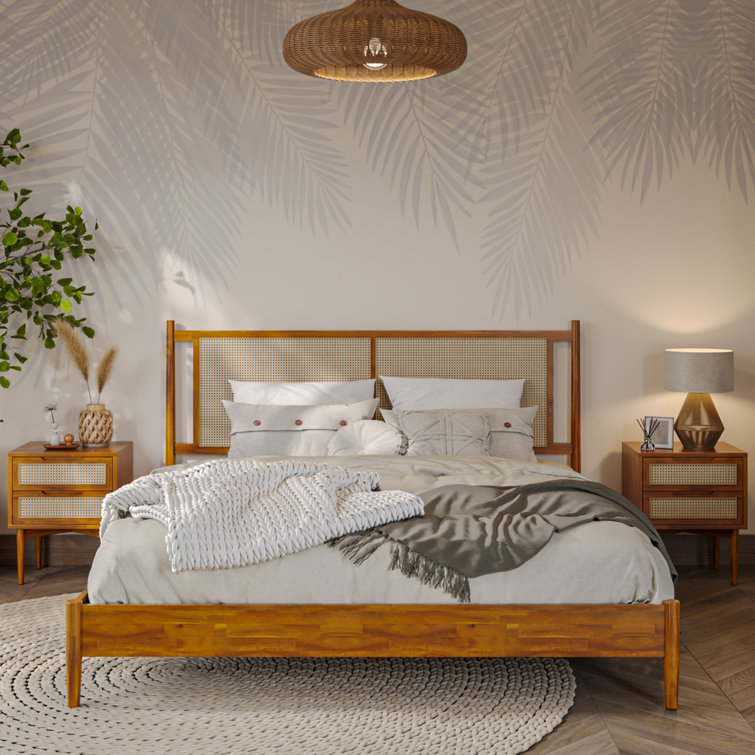 Oliver Solid Wood Rattan Platform Bed with Headboard, Rattan Frame