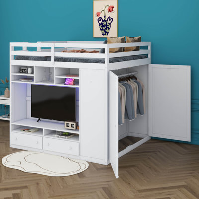 Full Size Loft Bed With LED Lights, Solid Wood Loft Beds With Drawers, Shelves, Loft Tall Bed With TV Cabinet And Wardrobe
