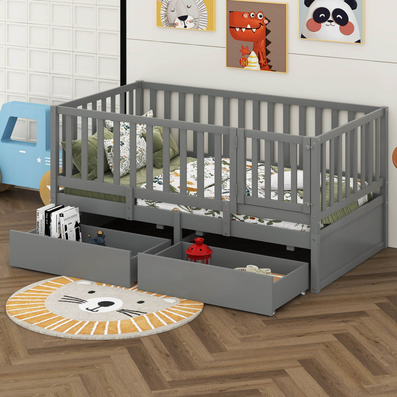 Lit de jour en bois avec barrière de sécurité et 2 tiroirs Prakul, Simple, Gris