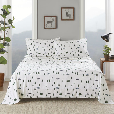 4 Pcs Sheet , Queen's Chamber, Trees & Trucks Design, 100% Cotton Flannel, Soft, Machine Washable, - Queen Bed Use,