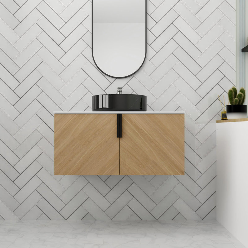 Meuble-lavabo flottant de 36 po avec 2 portes à fermeture douce, Noir / blanc