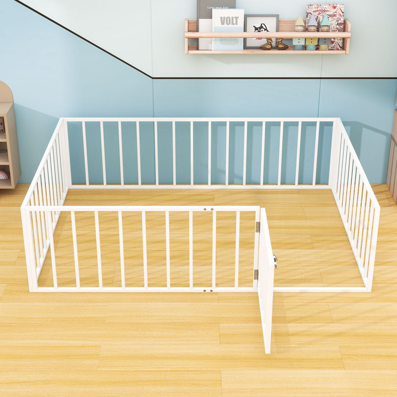 Elegant Metal Floor Bed With Door And Safety Fence Design, Full, White