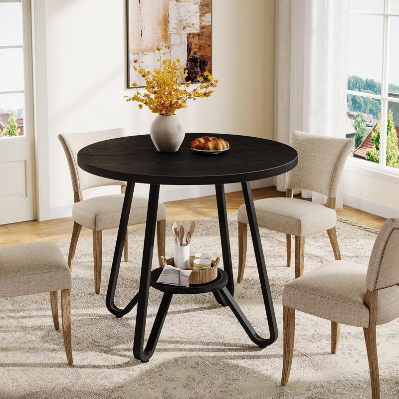 31.5" Round Dining Table With Double Shelves, Black