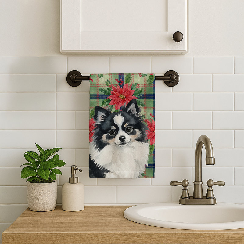 Black and White Pomeranian Christmas PoinsettIas Kitchen Towel, Black/White Pomeranian