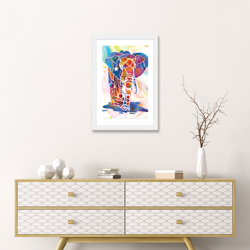 «Elephant II» par Jo Lynch - impression d'art graphique, H 24 po x l 16 po x P 1 po, Papier encadré blanc, Blanc