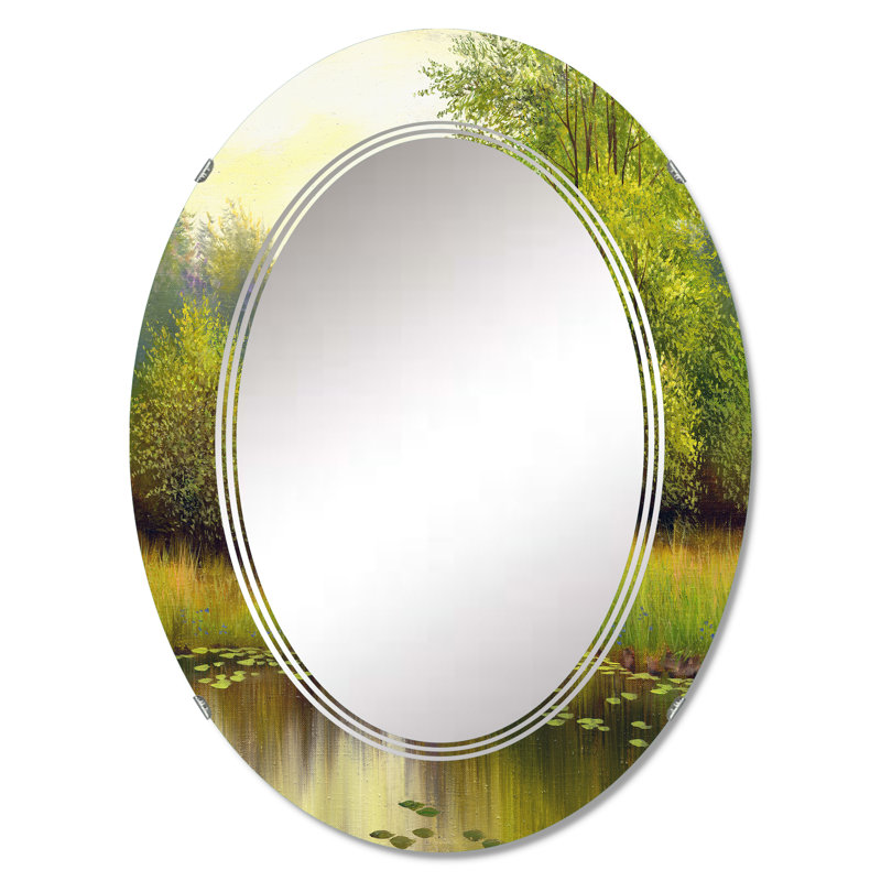 Beautiful Summer River Green Landscape I - Miroir mural ovale, 36 po x 24 po