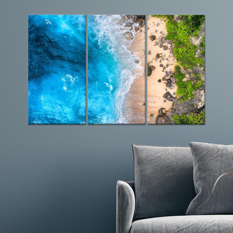 Œuvre d'art imprimée sur toile: paysage mural plage vue sur l'océan, toile tendue 3P, H: 47,2 po x l: 59,1 po