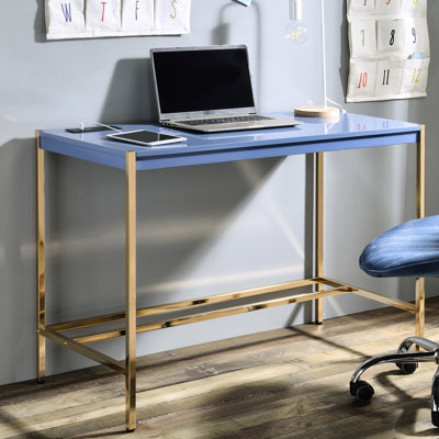 Rectangular Writing Desk, Navy Blue, Gold, Port, Fixed High Gloss Finish, , Wooden Top, Open Metal Base