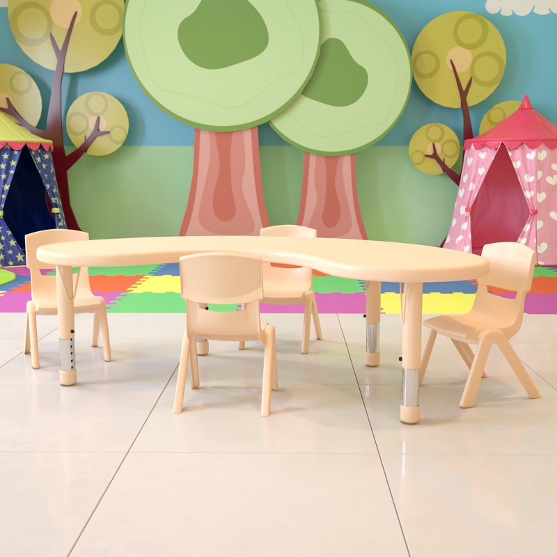 Goddard 35"W x 65"L Half-Moon Plastic Adjustable Activity Table Set - 4 Chairs, Natural