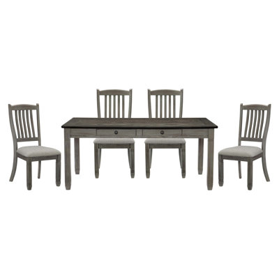 5Pc Dining Set Table W 6X Drawers Upholstered 4X Side Chairs Casual Country Style