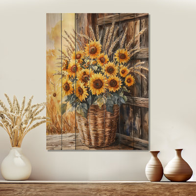 Tournesol et bouquet de blé à la grange - décoration murale en bois de tournesols - sur bois de pin naturel