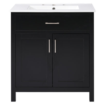 30-Inch Bathroom Vanity In Black With Ceramic Sink And Abundant Storage Solutions Supplied. Crafted Of Solid Wood. Equipped Practical Shelves Drawer. Modern Appearance For A Bath. Soft Close Feature