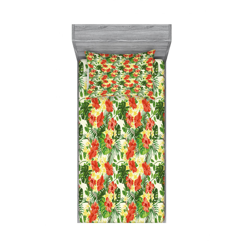 Microfiber Floral Sheet Set, Twin Sheet Set with Fitted Sheet, Exotic with Plumeria Hibiscus Floral