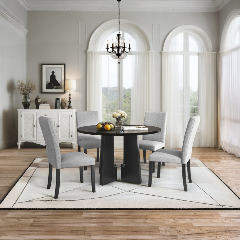 Polett Round Dining Set, Black Table with Gray Chairs