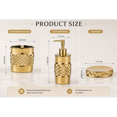3-Piece Gold Ceramic Bathroom Accessories Set