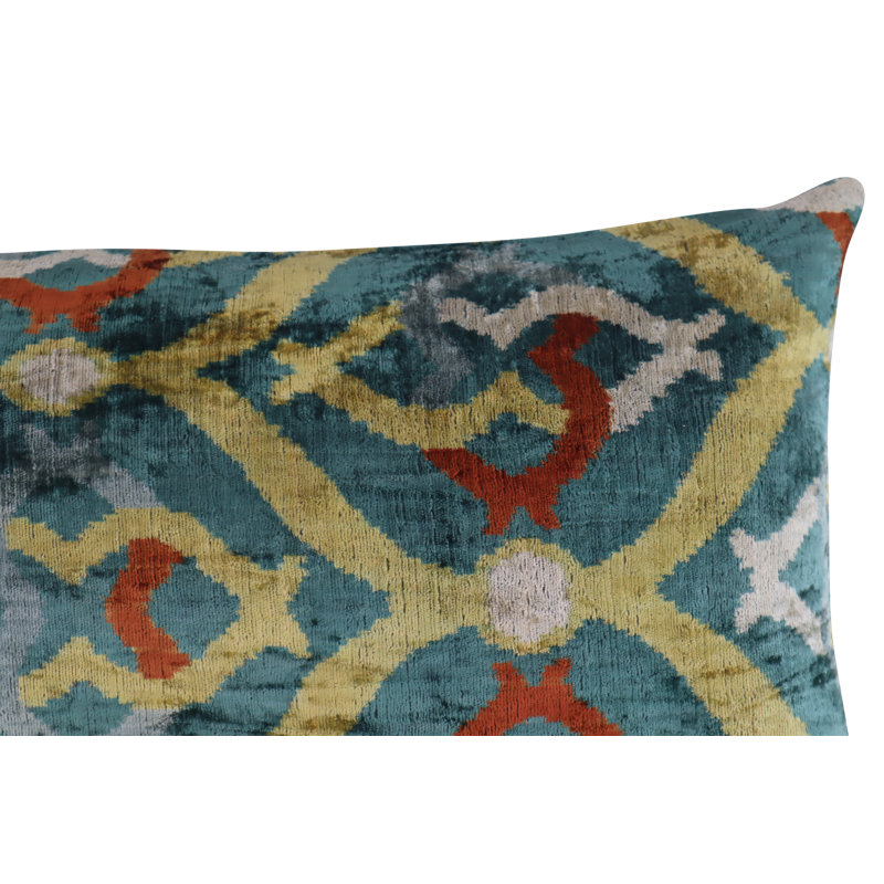 Velvet Lumbar Pillow Cover & Insert, Green/Yellow/Orange Geometric 1