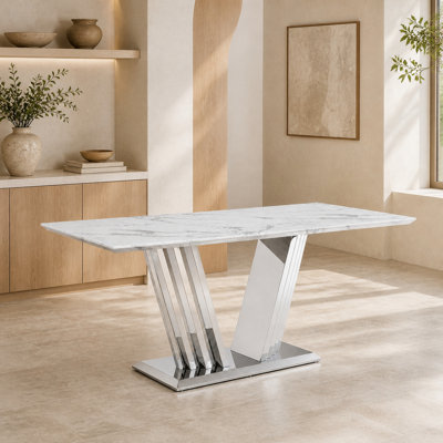  Table de salle à manger 70 pouces rectangulaire en faux marbre avec base en acier inoxydable à miroir